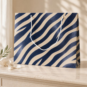 Chic Navy Blue & Cream Zebra Stripes Animal Print  Large Gift Bag