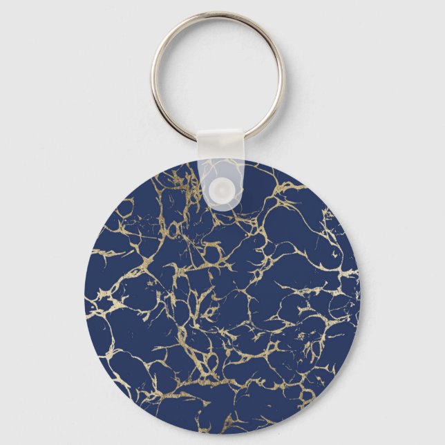 Chic navy blue faux gold foil marble pattern keychain (Front)