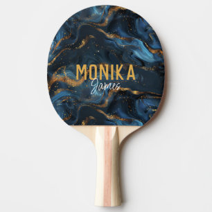 Chic Navy Blue Faux Gold Glitter Marble Monogram Ping Pong Paddle