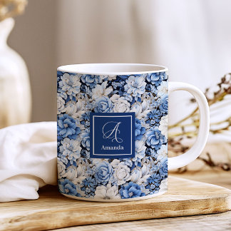 Chic Navy Blue Flowers Custom Name Coffee Mug