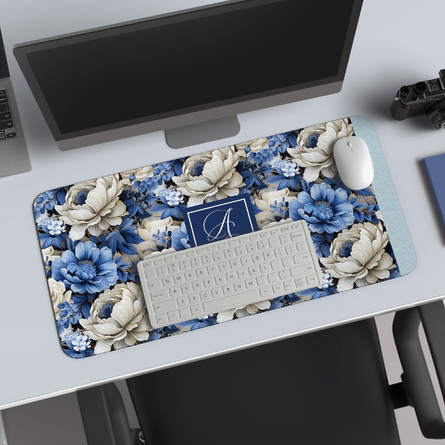 Chic Navy Blue Flowers Custom Name Desk Mat (Chic Navy Blue Flowers Custom Name Desk Mat)