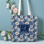 Chic Navy Blue Flowers Custom Name Tote Bag<br><div class="desc">✅ For matching items search 130B in my collections ✅ Carry your essentials in style with this elegant personalized tote bag, featuring an opulent design of blue, white, and ivory florals. Customize it with your name or text to create a unique and fashionable accessory that reflects your personality. Perfect for...</div>