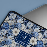 Chic Navy Blue Flowers Stylish Laptop Sleeve Case