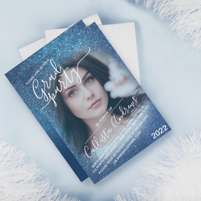 Chic Navy Blue Glitter Ombre Photo Graduation Invitation (Creator Uploaded)