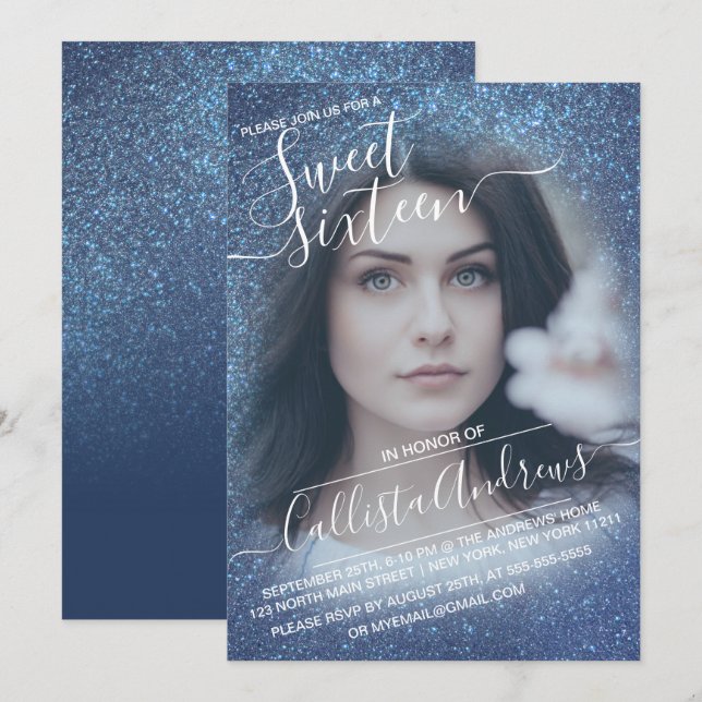 Chic Navy Blue Glitter Ombre Photo Sweet 16 Invitation (Front/Back)