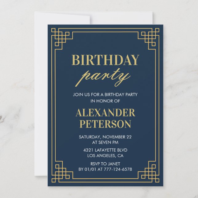 Chic Navy Blue Gold 71st Birthday Party Invitation (Front)