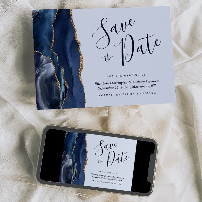Chic Navy Blue Gold Agate Dark Save the Date Card (Creator Uploaded)