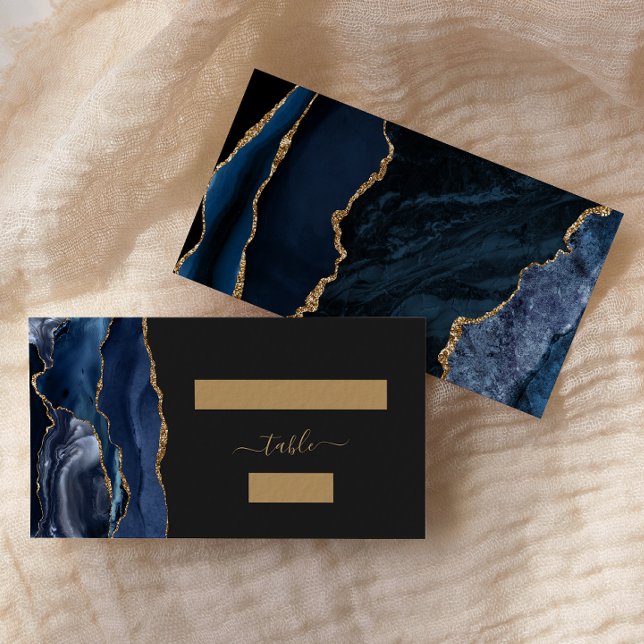 Chic Navy Blue Gold Agate Dark Wedding Escort Place Card (Creator Uploaded)