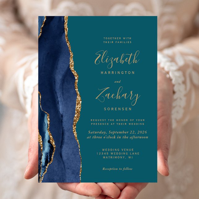 Chic Navy Blue Gold Agate Faire-part de mariage Tu (Créateur téléchargé)