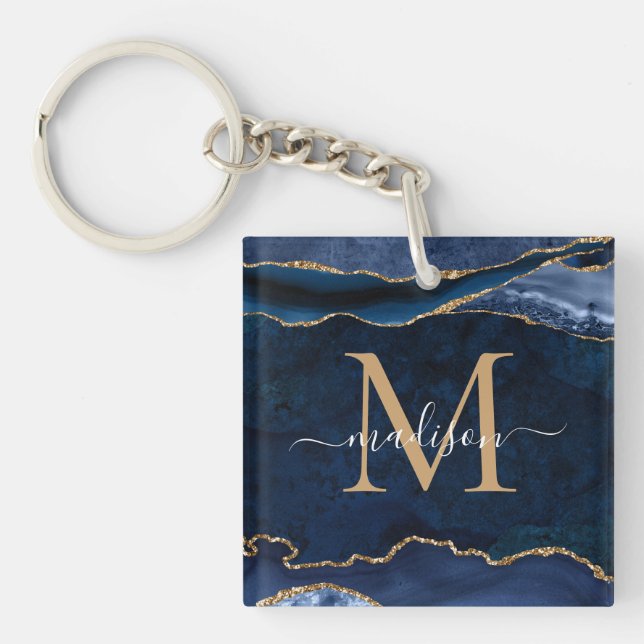 Chic Navy Blue Gold Agate Geode Glitter Monogram Keychain (Front)