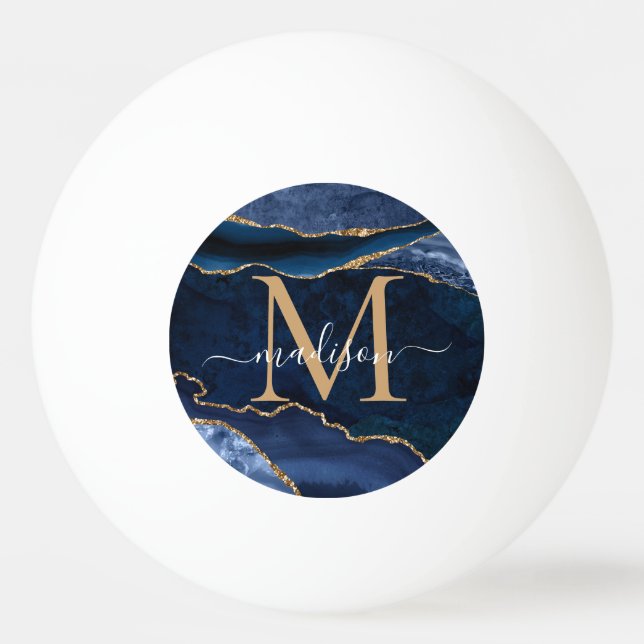 Chic Navy Blue Gold Agate Geode Glitter Monogram Ping Pong Ball (Front)