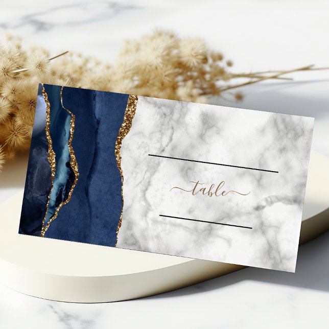 Chic Navy Blue Gold Agate Marble Wedding Place Card (Creator Uploaded)