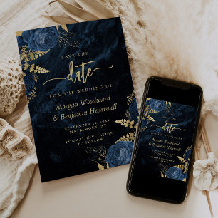 Chic Navy Blue Gold Floral Wedding Save the Date Invitation