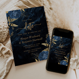 Chic Navy Blue Gold Floral Wedding Save the Date Invitation