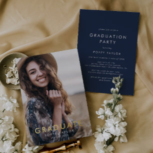 Chic Navy Blue Gold Foil Photo Graduation Party