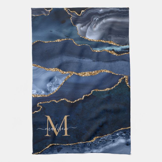 Chic Navy Blue Gold Glitter Geode Marble Monogram Kitchen Towel (Vertical)