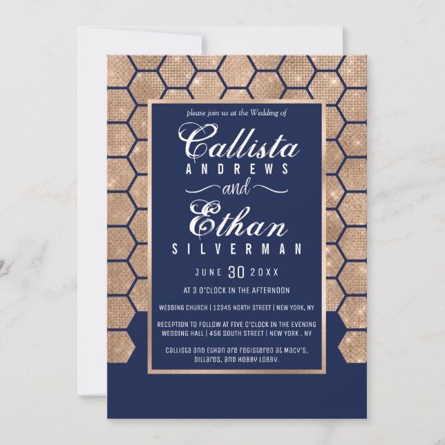 Chic Navy Blue Gold Glitter Hexagon Geo Wedding Invitation (Front)