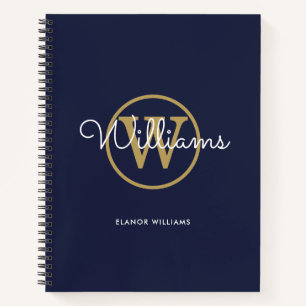 Chic Navy Blue Gold Monogram Name Notebook