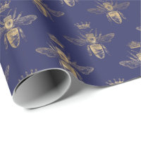 Chic Navy Blue Gold Queen Bee Pattern