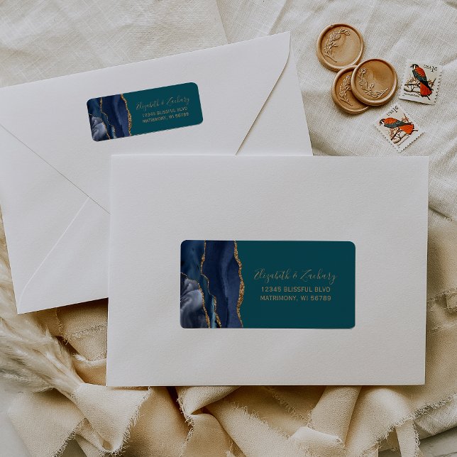 Chic Navy Blue Gold Teal Wedding Return Address (Creator Uploaded)
