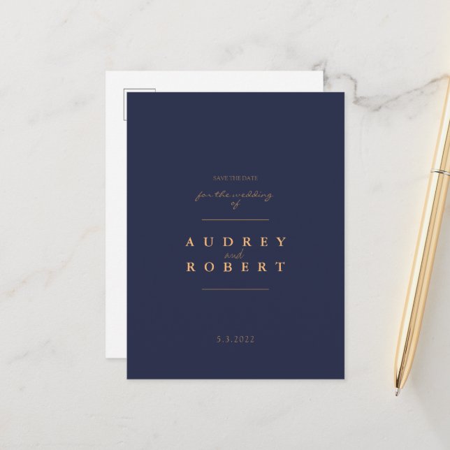 Chic Navy Blue Gold Wedding Save The Date Announcement Postcard (Front/Back In Situ)