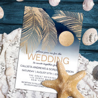 Chic Navy Blue Gold White Palm Tree Leaf Wedding