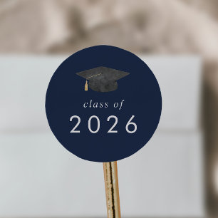 Chic Navy Blue Grad Cap Class of 2025 Graduation Classic Round Sticker