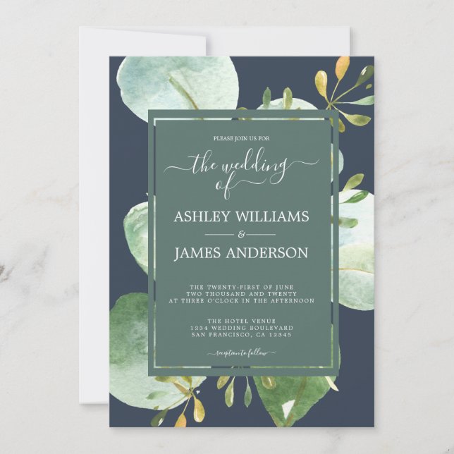 Chic Navy Blue Green Eucalyptus Botanical Wedding Invitation (Front)