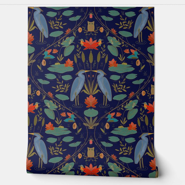 Chic navy blue Heron Pond Heritage Revival Wallpaper (Unrolling)