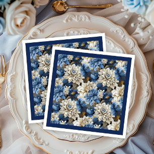 Chic Navy Blue Ivory Floral Wedding Napkins