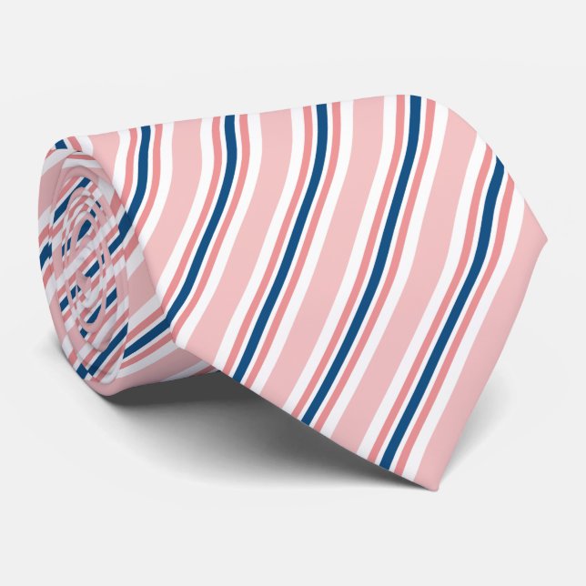 Chic Navy Blue Light Blush Pink Stripes Pattern Tie (Rolled)