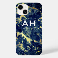 chic navy blue marble faux gold glitter monogram