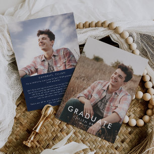 Chic Navy Blue Message and Photo Graduation Announcement