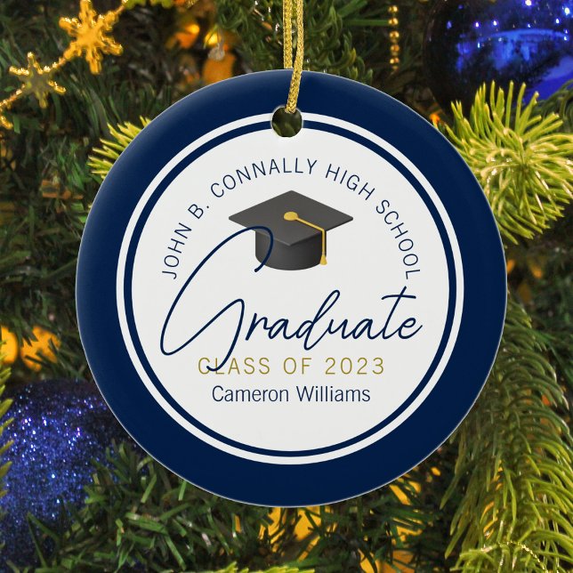 Chic Navy Blue Modern 2025 Graduation Christmas Ceramic Ornament (Creator Uploaded)