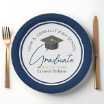 Chic Navy Blue Modern 2025 Graduation Party Paper Plate<br><div class="desc">These modern navy blue custom graduation party plates feature your high school or college name for the class of 2025. Customize with your graduating year under the chic handwritten script and grey grad cap for great personalized graduate party decor.</div>