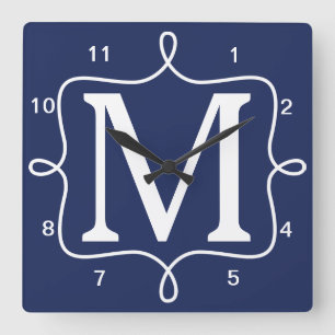 Chic Navy Blue Monogram Square Wall Clock