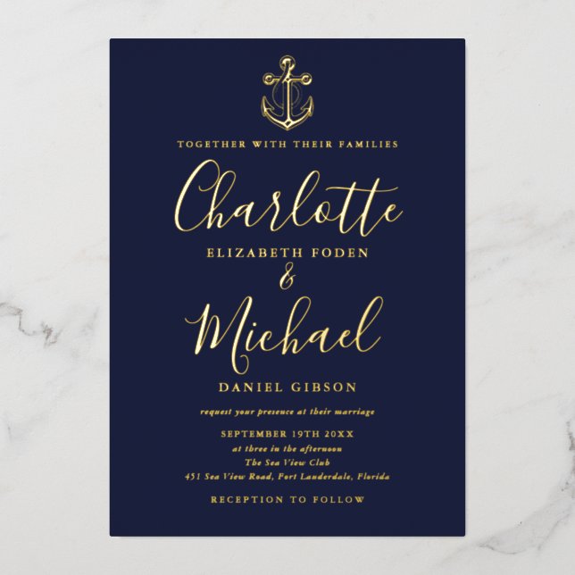 Chic Navy Blue Nautical Anchor Wedding Gold Foil (Front)