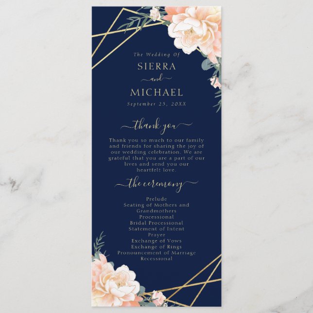 Chic Navy Blue Peach Cream Gold Geometric Wedding Program (Front)