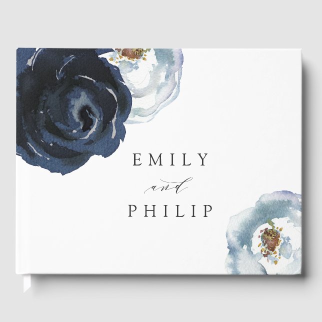 Chic Navy Blue Peony Floral Wedding Guest Book (Front)