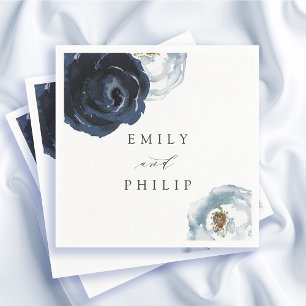Chic Navy Blue Peony Floral Wedding Paper Napkin