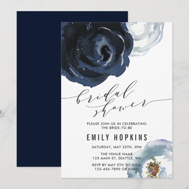 Chic Navy Blue Peony Invitation à la douche nuptia (Devant / Derrière)