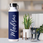 Chic Navy Blue Personalized Name in White Script Water Bottle<br><div class="desc">A chic navy blue personalized monogram water bottle for a girl or guy who loves simple,  handwritten gifts. Beautiful white cursive script down the side spelling out your name in modern typography.</div>