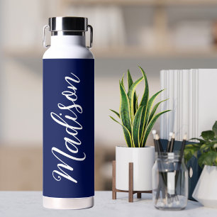 Chic Navy Blue Personalized Name in White Script Water Bottle