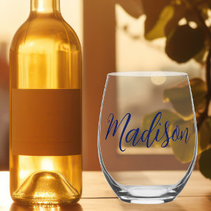 Chic Navy Blue Personalized Name Stemless Wine Glass