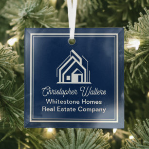 Chic Navy Blue Real Estate Company Custom Realtor Glass Ornament