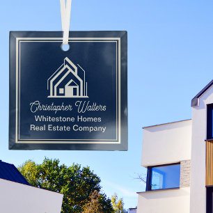 Chic Navy Blue Real Estate Company Custom Realtor Glass Ornament