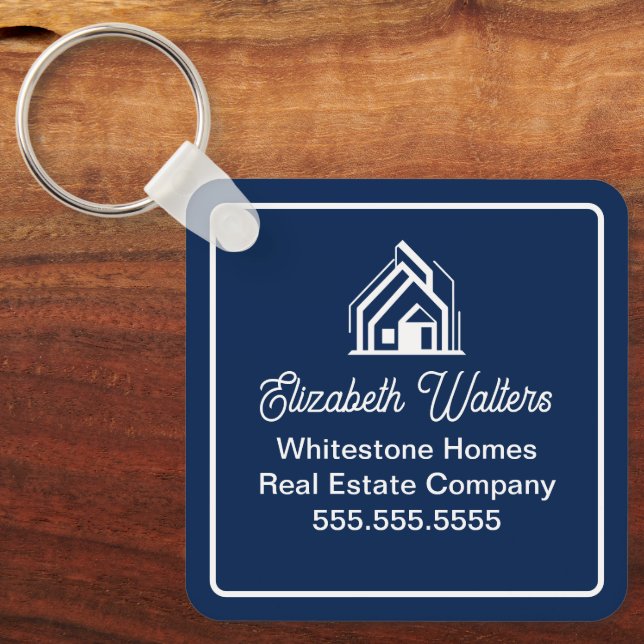 Chic Navy Blue Real Estate Company Custom Realtor Keychain (Front)