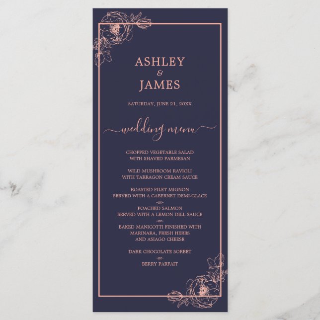 Chic Navy Blue Rose Gold Floral Outline Wedding Menu (Front)