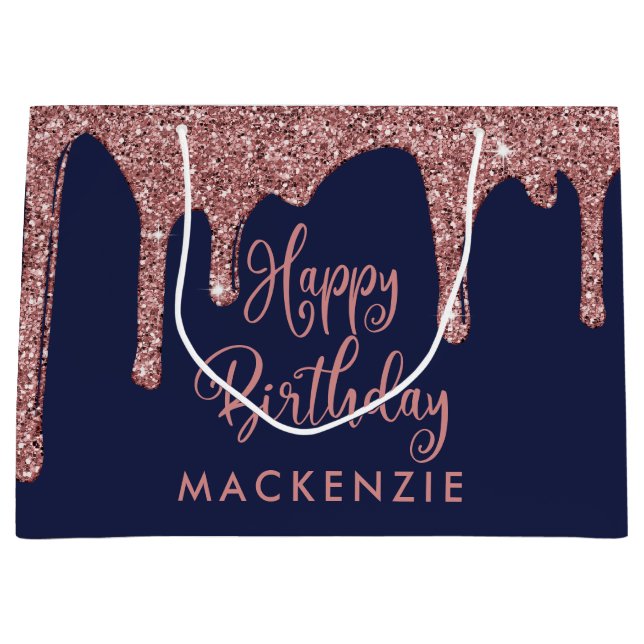Chic Navy Blue Rose Gold Glitter Drips Birthday Large Gift Bag (Front)