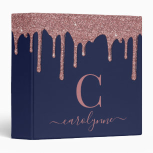 Chic Navy Blue Rose Gold Glitter Drips Monogram Binder